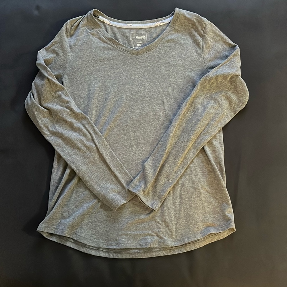 Sonoma Gray Long Sleeve V-Neck Shirt with Penguin Detail on Inner Neckline